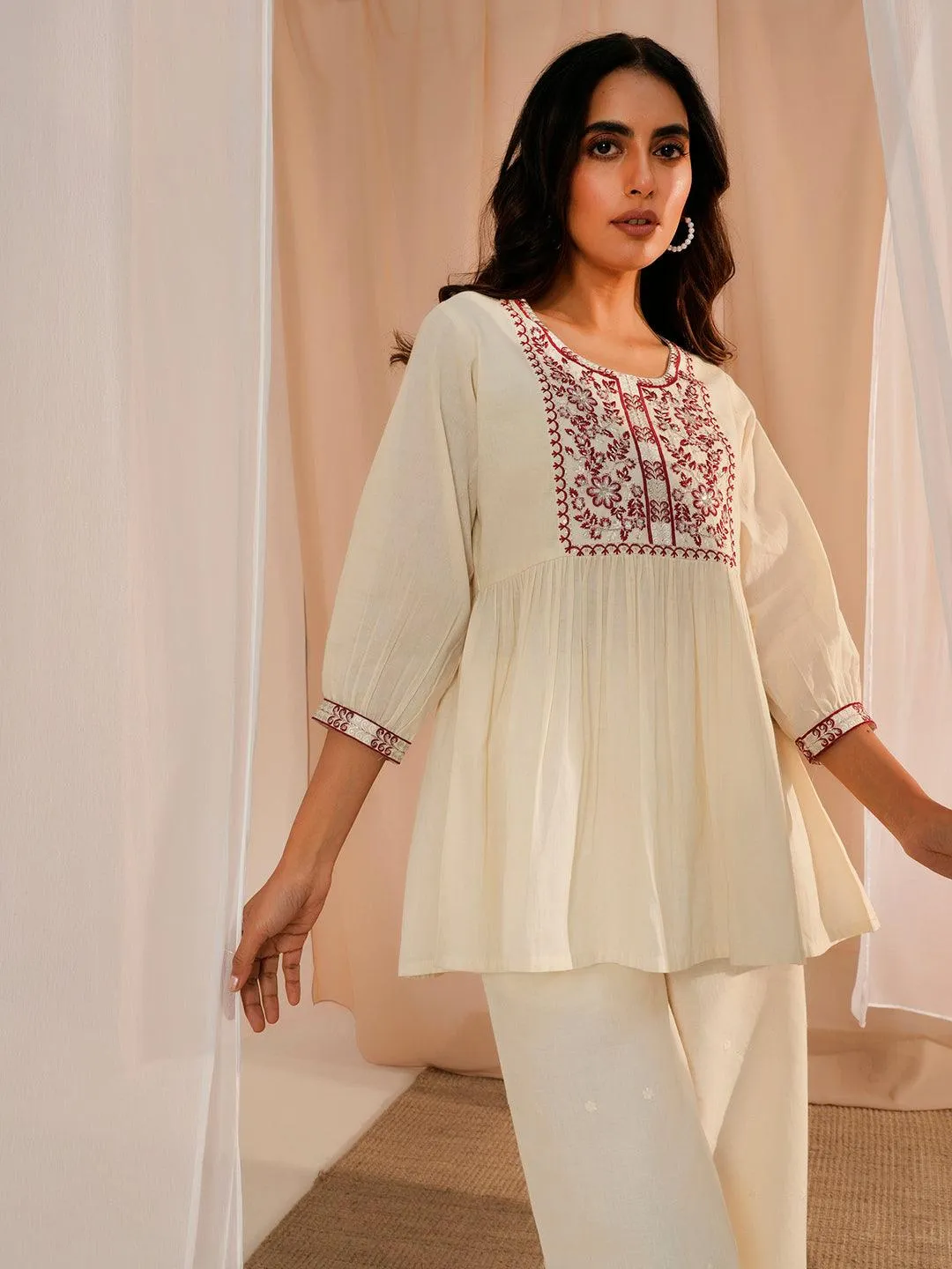 1_93c75796-7957-4388-b92d-9a0f94046249.webp Off White Yoke Design Cotton A-Line Kurti - Image 1